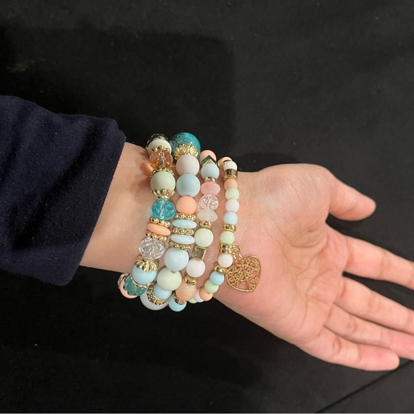 Beaded bracelet charm stretch set beads blue boho bohemian - Picture 3 of 5